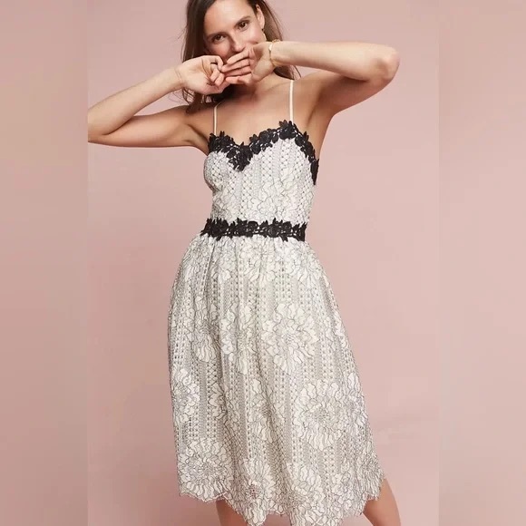 Anthropologie Dresses & Skirts - Anthropologie White Lace Midi Dress with Black Floral Trim